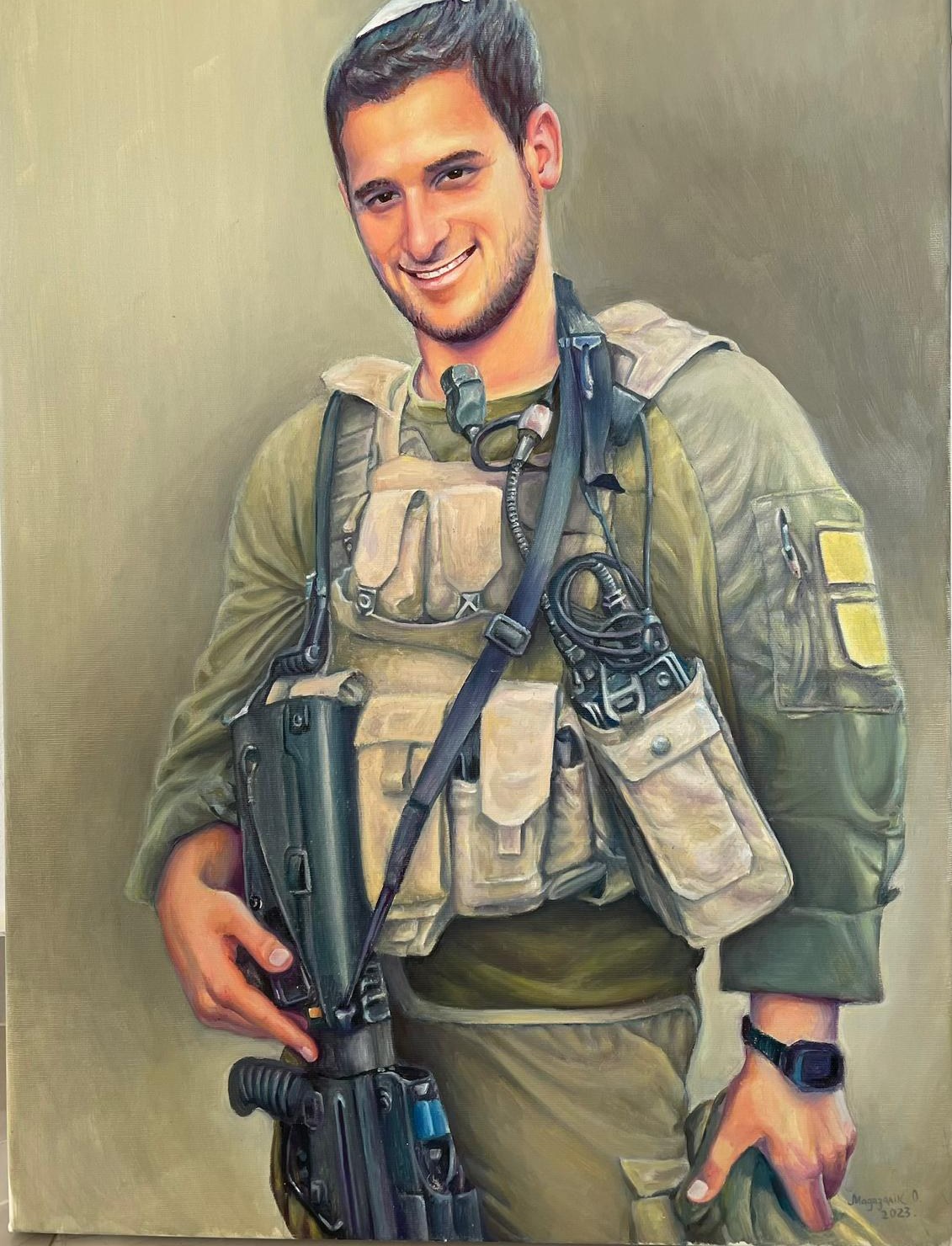 פורטרט שצויר בהזמנה אישית — לוחם חייל מחייך באפוד מגן, שמן על בד